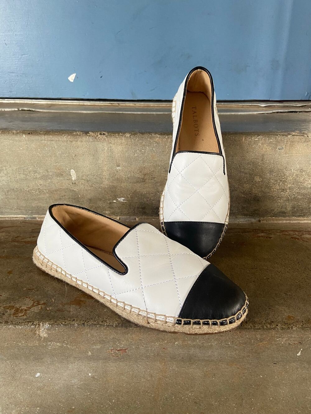Talbots white/black quilted leather espadrille loafer